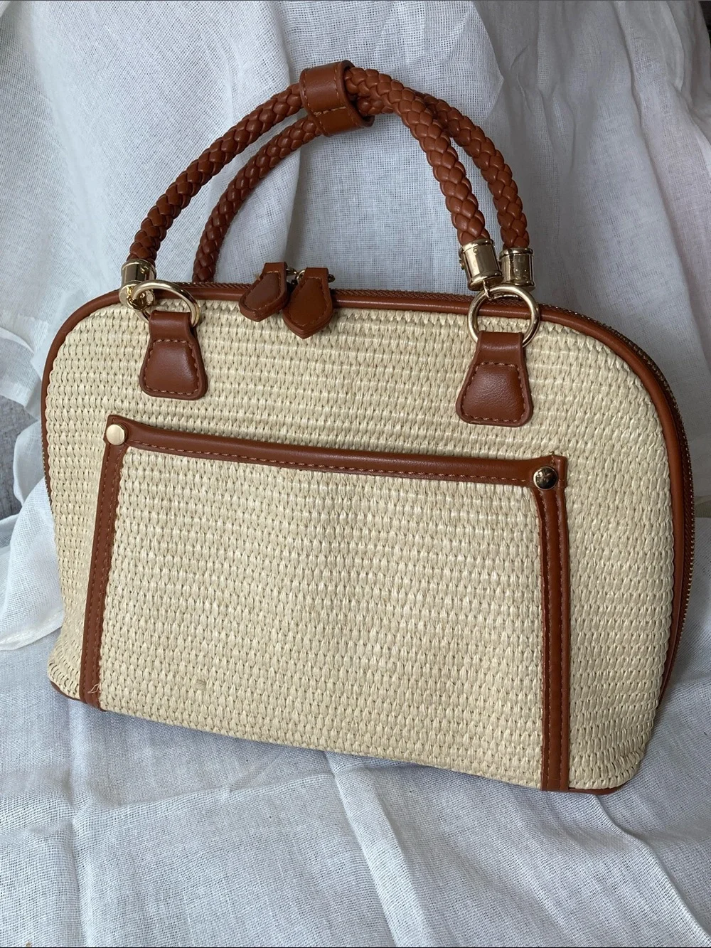 Woven Straw Satchel with Brown Trim - Women's Handbag
